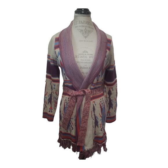 Forever 21 Colorful Boho Tribal Long Cardigan Sweater Fringed Tie for Belt - Picture 1 of 8